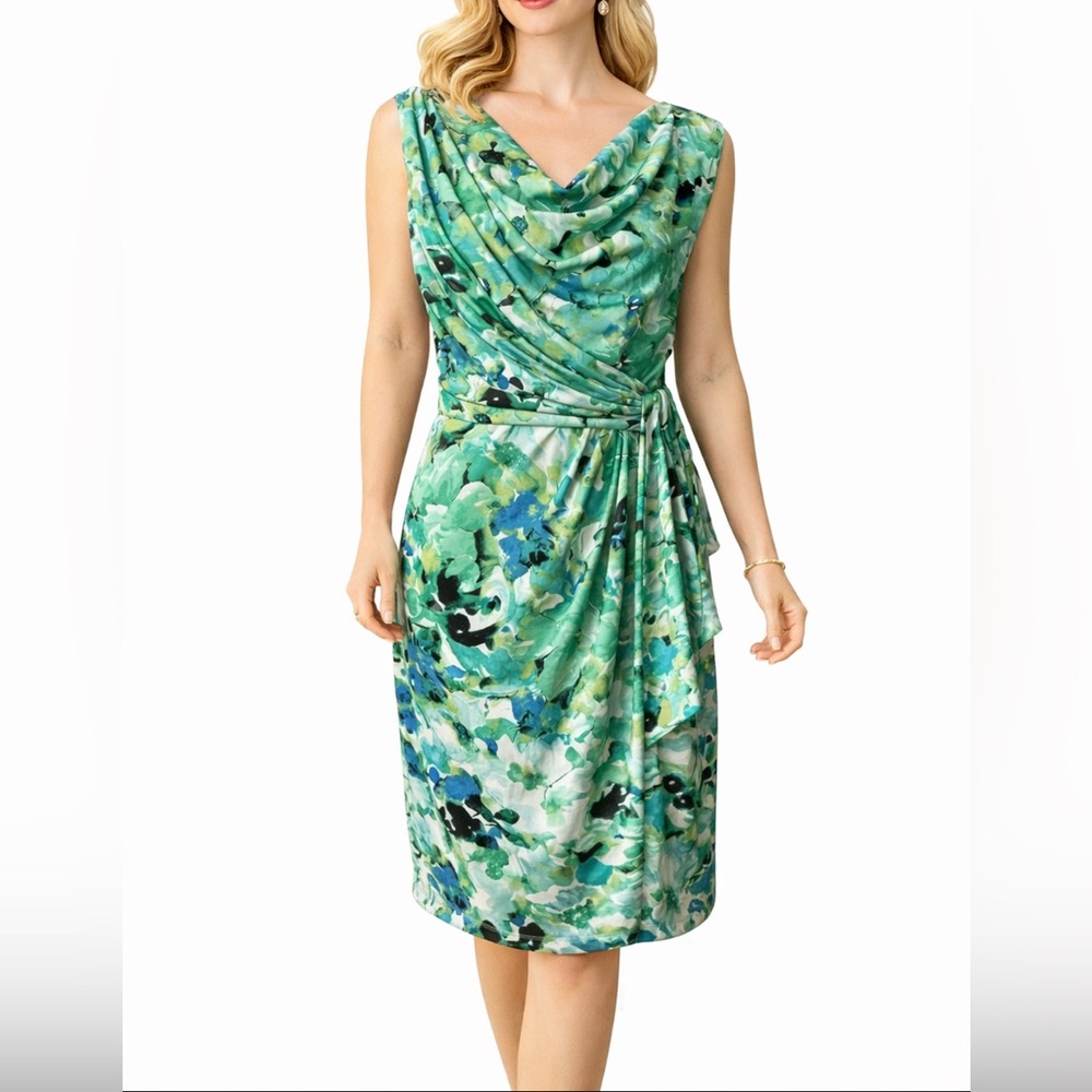LF Leslie Fay Dress 10 Green Blue Yellow Ivory Stretch Career Party Summer